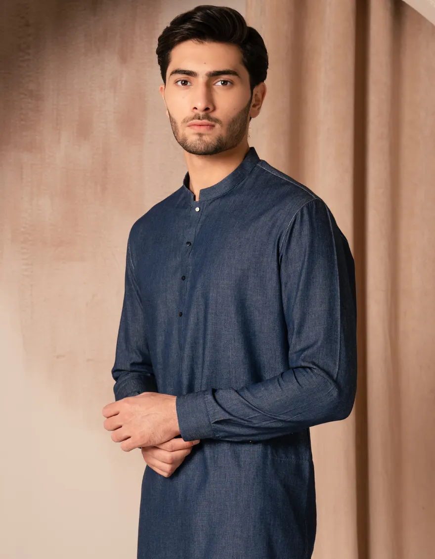DENIM BLUE COTTON CASUAL SHORT KURTA
